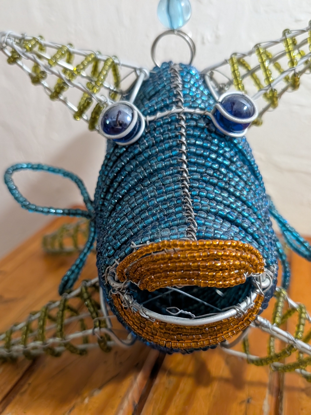 Handcrafted Blue and Gold Beaded Fish Decor - Beachy Home Accent